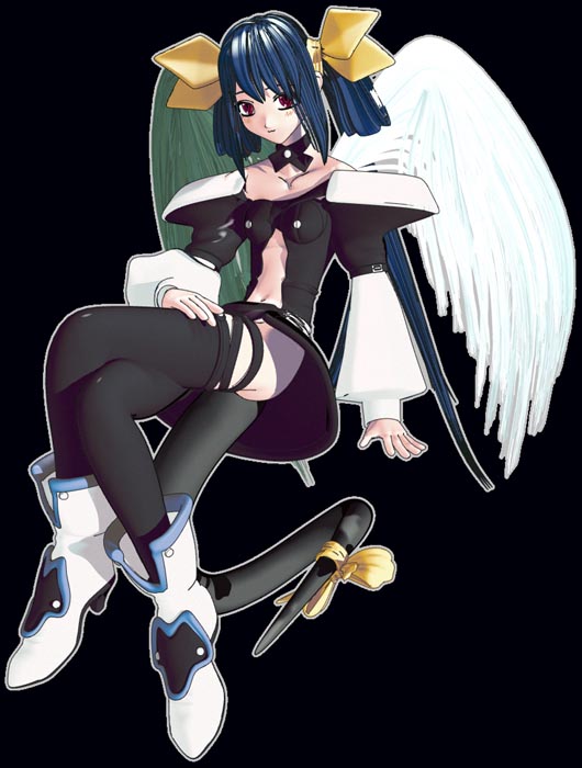 ekkusu kyuuzu, dizzy (guilty gear), arc system works, guilty gear, 1girl, 3d, asymmetrical wings, blue hair, female focus, red eyes, ribbon, solo, tail, tail ornament, tail ribbon, thighhighs, wings