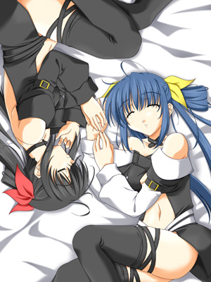 dizzy (guilty gear), arc system works, guilty gear, lowres, 2girls, alternate color, black hair, blue hair, closed eyes, dual persona, multiple girls, sleeping, thighhighs