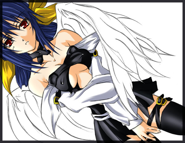 dizzy (guilty gear), arc system works, guilty gear, 1girl, blue hair, female focus, red eyes, solo, thigh strap, thighhighs, wings