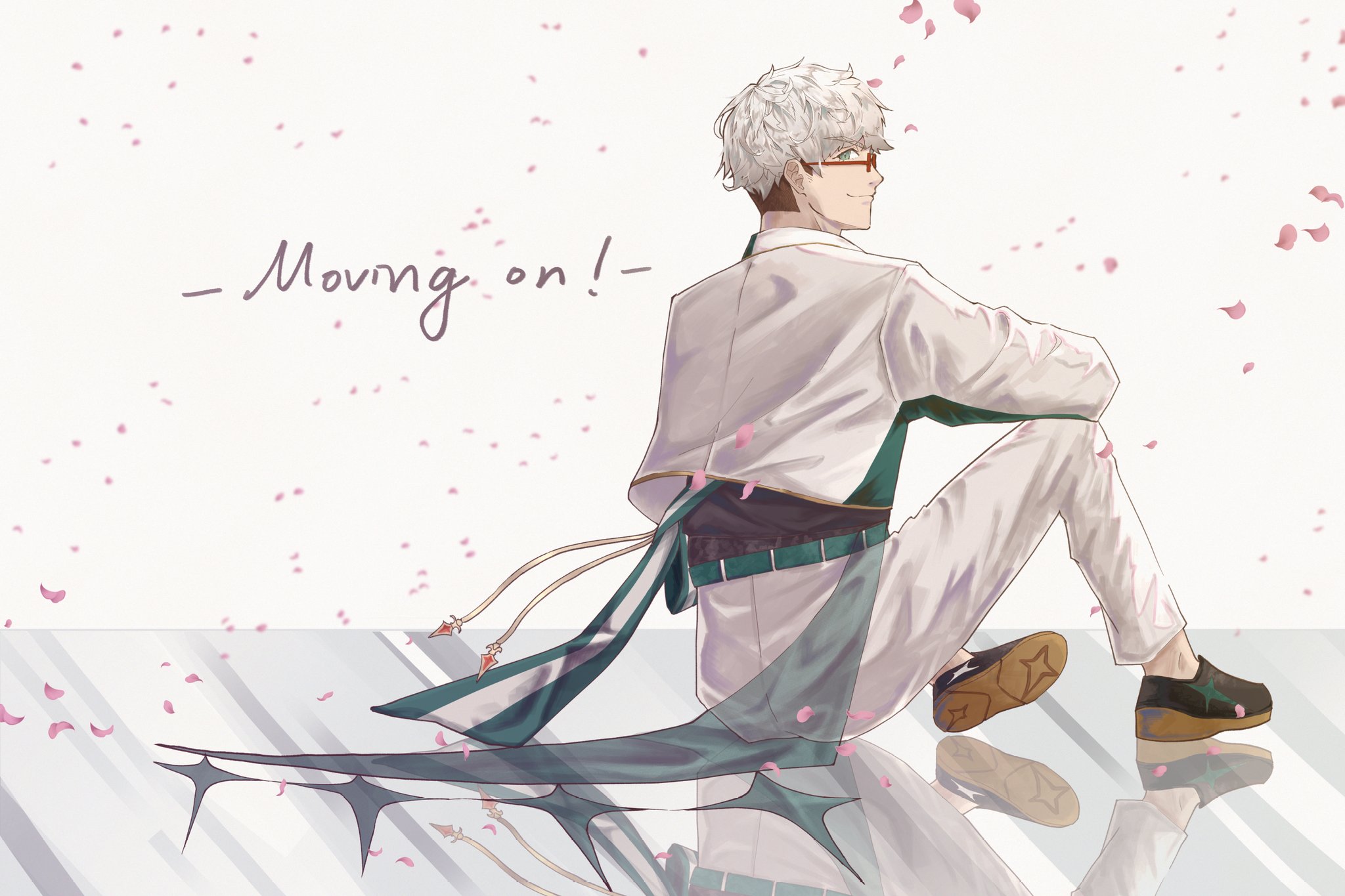 arurandeisu, holostars, highres, >:), 1boy, arm rest, belt, black shirt, black shoes, cropped jacket, english text, falling petals, from behind, full body, glasses, green belt, green eyes, green jacket, green sash, hair between eyes, holostars idol uniform (movin on), idol clothes, jacket, knee up, looking at viewer, male focus, multicolored jacket, on ground, pants, petals, profile, red-framed eyewear, reflective floor, sash, shirt, shoe soles, shoes, short hair, shoulder sash, sideways glance, sitting, solo, star (symbol), star print, two-tone jacket, ueno haruya, undercut, v-shaped eyebrows, virtual youtuber, white background, white jacket, white pants