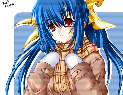 hamu (moeyobaka), dizzy (guilty gear), arc system works, guilty gear, lowres, blue hair, mittens, plaid clothes, plaid scarf, red eyes, scarf, solo, split mouth, white mittens, winter