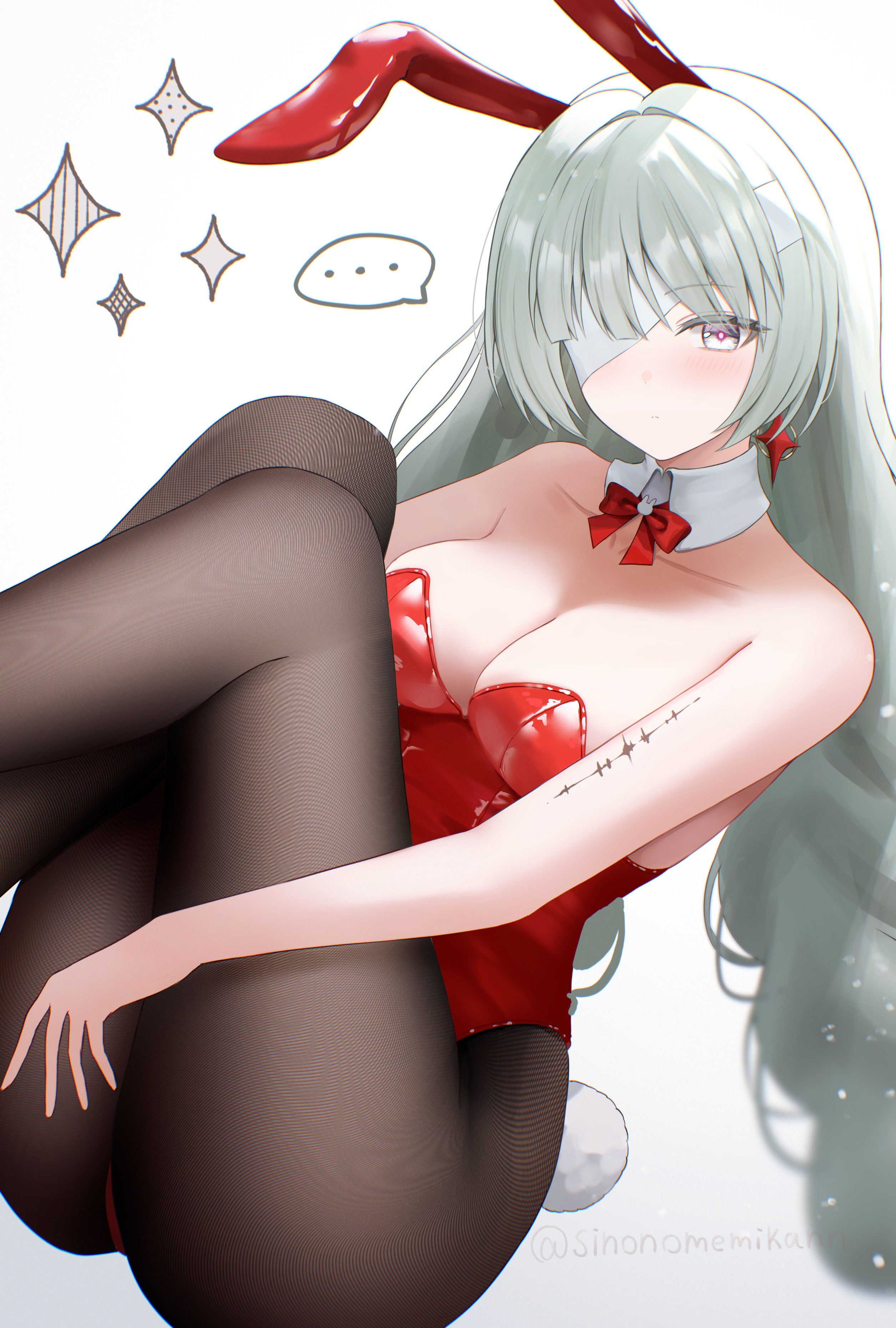 sinonomemikann, phrolova (wuthering waves), wuthering waves, absurdres, commentary, highres, …, 1girl, alternate costume, animal ears, bandage over one eye, bare shoulders, black pantyhose, blush, bow, bowtie, breasts, cleavage, closed mouth, collar, detached collar, earrings, fake animal ears, fake tail, feet out of frame, grey eyes, grey hair, jewelry, leotard, long hair, looking at viewer, medium breasts, pantyhose, playboy bunny, rabbit ears, rabbit tail, red bow, red bowtie, red leotard, red pupils, simple background, solo, spoken ellipsis, tacet mark (wuthering waves), tail, twitter username, white background, white collar