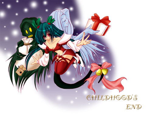 dizzy (guilty gear), necro (guilty gear), undine (guilty gear), arc system works, guilty gear, 1girl, asymmetrical wings, bad anatomy, blue hair, christmas, gift, poorly drawn, red eyes, ribbon, tail, tail ornament, tail ribbon, thighhighs, wings