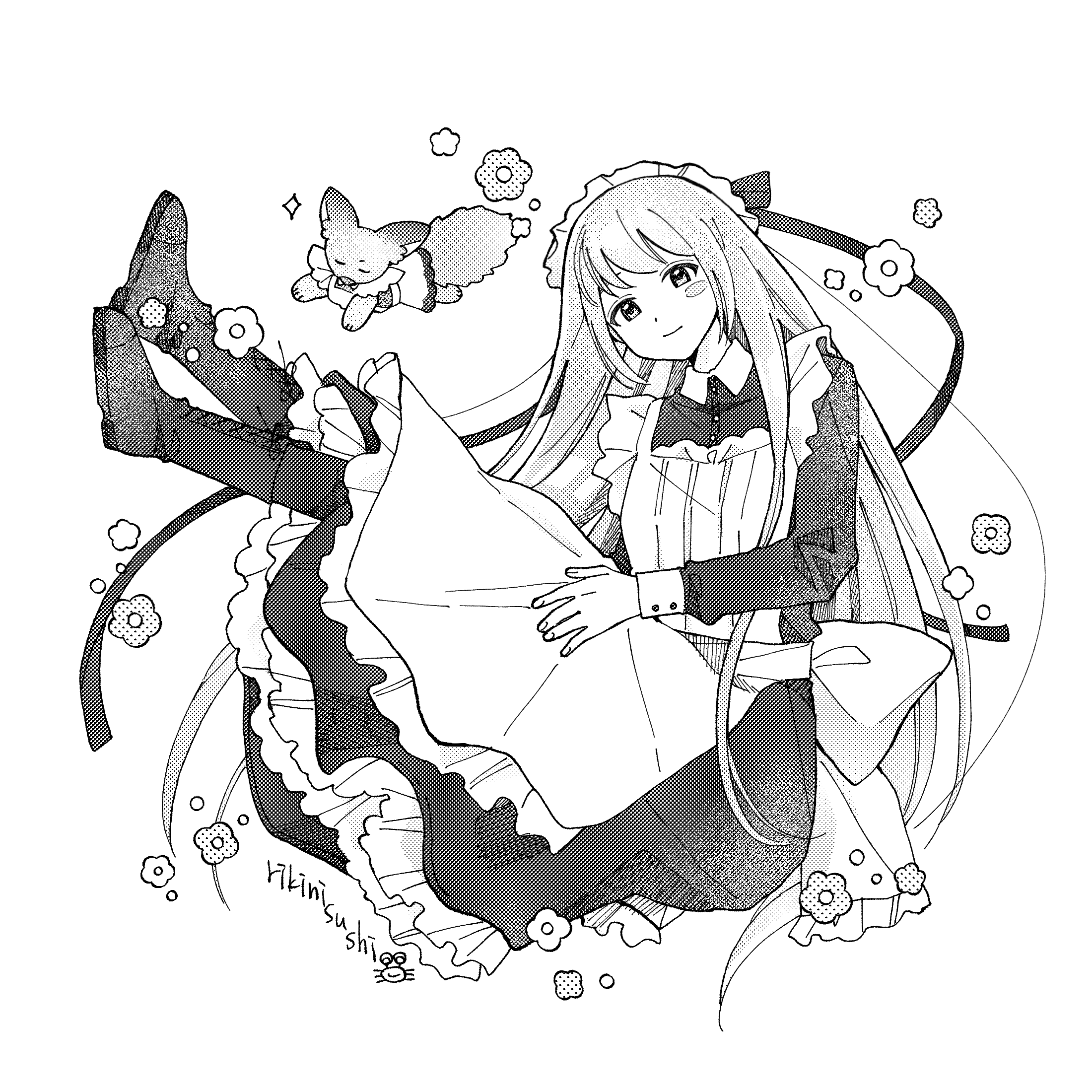 rikini sushi, bkornblume, reverse:1999, highres, 1girl, alternate costume, apron, boots, collared dress, dress, fennec fox, floating, flower, frilled apron, frills, full body, greyscale, lace-up boots, legs up, long dress, long hair, long sleeves, looking at viewer, maid, maid headdress, monochrome, smile, solo, white background