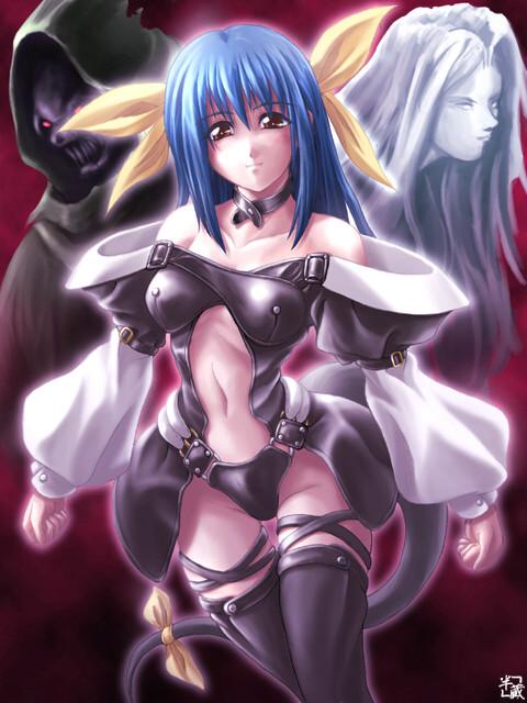kagehara hanzou, dizzy (guilty gear), necro (guilty gear), undine (guilty gear), arc system works, guilty gear, guilty gear x, guilty gear xx, 1girl, asymmetrical wings, bare shoulders, blue hair, choker, hair ribbon, red eyes, ribbon, skull, smile, tail, tail ornament, tail ribbon, thigh gap, thighhighs, thighs, wings