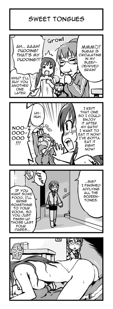 imuhata shimuro, simuro, homeko, homeo, xp-tan, xp home-tan, xphome, xpmc, os-tan, hard-translated, long image, tall image, third-party edit, translated, 1boy, 2girls, breast press, breasts, comic, greyscale, large breasts, monochrome, multiple girls, nude, symmetrical docking, towel, walk-in, yuri