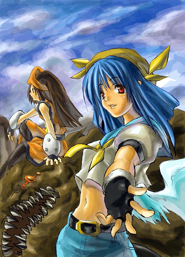 shihira tatsuya, dizzy (guilty gear), may (guilty gear), arc system works, guilty gear, guilty gear x, guilty gear xx, looking away, 2girls, black gloves, blue hair, blue sailor collar, brown hair, day, denim, faux traditional media, fingerless gloves, gloves, jeans, looking at viewer, midriff, monster, multiple girls, outstretched arm, pants, pantyhose, pirate, sailor collar, school uniform, serafuku, sitting, sky, wings