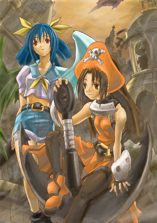 shihira tatsuya, dizzy (guilty gear), may (guilty gear), arc system works, guilty gear, guilty gear x, guilty gear xx, 2girls, anchor, blue sailor collar, hat, multiple girls, orange hat, orange shirt, pantyhose, pirate, ruins, sailor collar, shirt