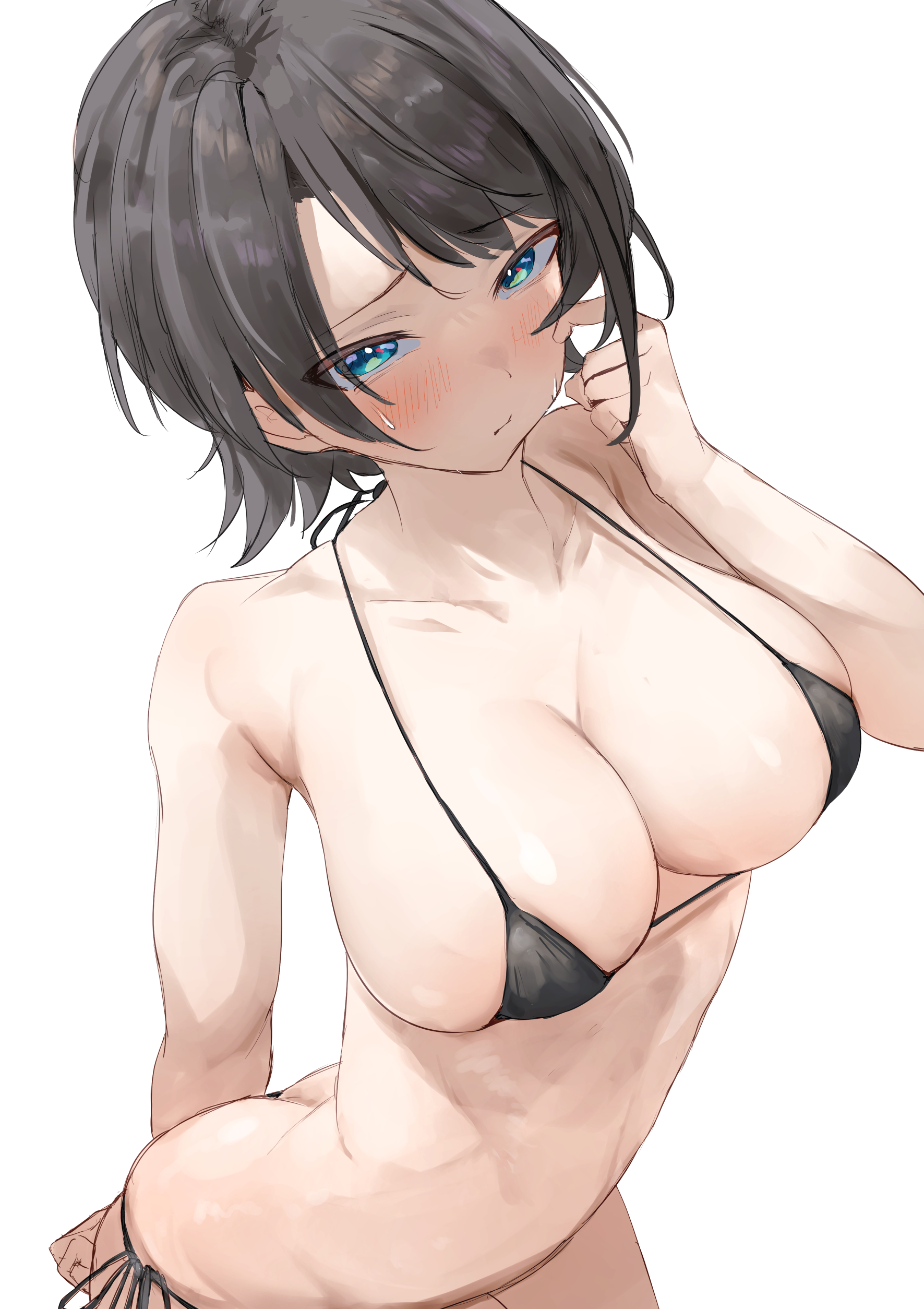 alexi oekaki, oozora subaru, hololive, absurdres, highres, 1girl, arm behind back, bikini, black bikini, black hair, blue eyes, blush, breasts, cleavage, closed mouth, collarbone, finger to cheek, large breasts, looking at viewer, micro bikini, navel, short hair, side-tie bikini bottom, simple background, solo, standing, swimsuit, white background