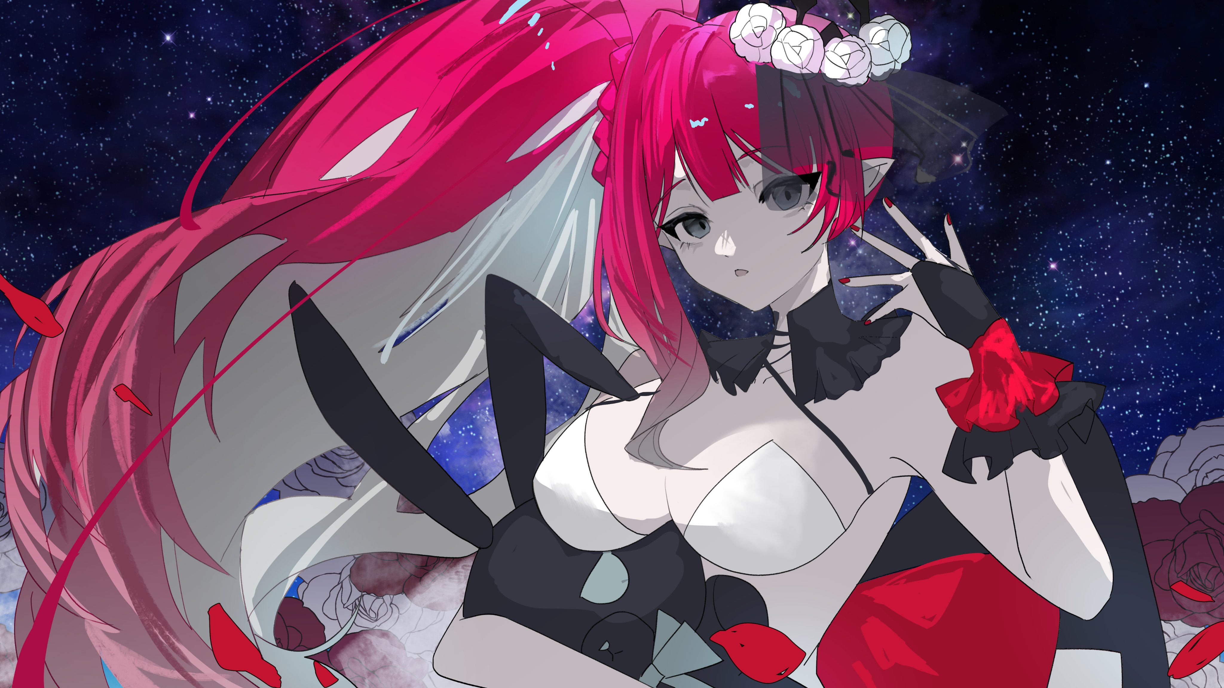2022mmk, baobhan sith (fate), baobhan sith (swimsuit pretender) (third ascension) (fate), fate/grand order, fate (series), absurdres, highres, 1girl, bikini, breasts, bridal gauntlets, detached collar, flower, grey eyes, hair flower, hair ornament, long hair, looking at viewer, pink hair, pointy ears, side ponytail, solo, stuffed animal, stuffed rabbit, stuffed toy, swimsuit, upper body, veil, white bikini