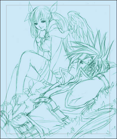 dizzy (guilty gear), sol badguy, arc system works, guilty gear, lowres, tagme, blue theme, from side, hair rings, monochrome, sitting, sketch, spiked hair, thighhighs