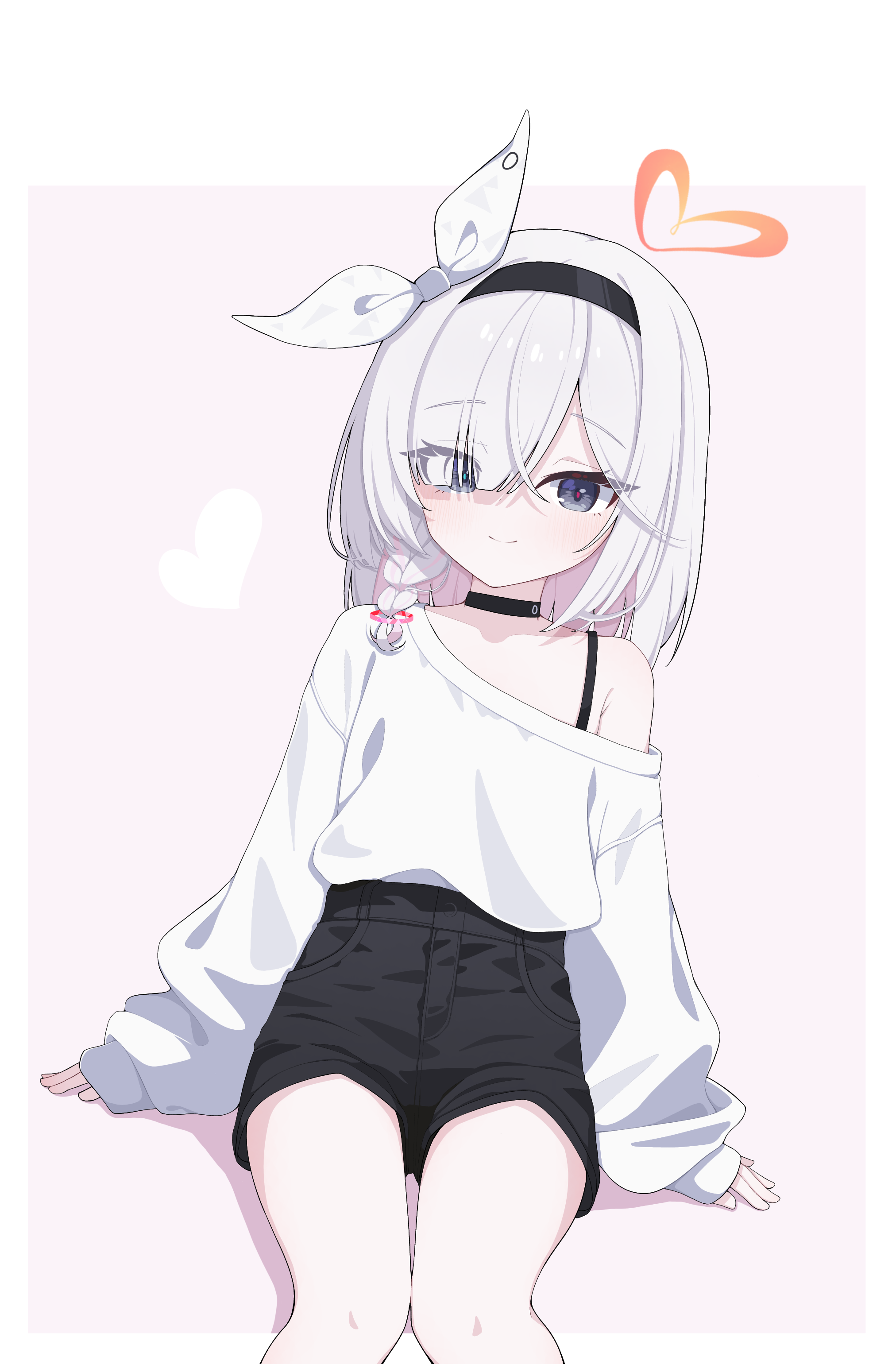 cinamon (cinamori), plana (blue archive), blue archive, absurdres, highres, 1girl, black choker, black eyes, black hairband, black shorts, braid, choker, colored inner hair, hair over one eye, hairband, halo, heart, heart halo, light smile, long hair, looking at viewer, multicolored hair, off shoulder, red pupils, ribbon, shorts, simple background, single braid, sitting, sleeves past wrists, smile, solo, sweater, two-tone background, white hair, white ribbon, white sweater