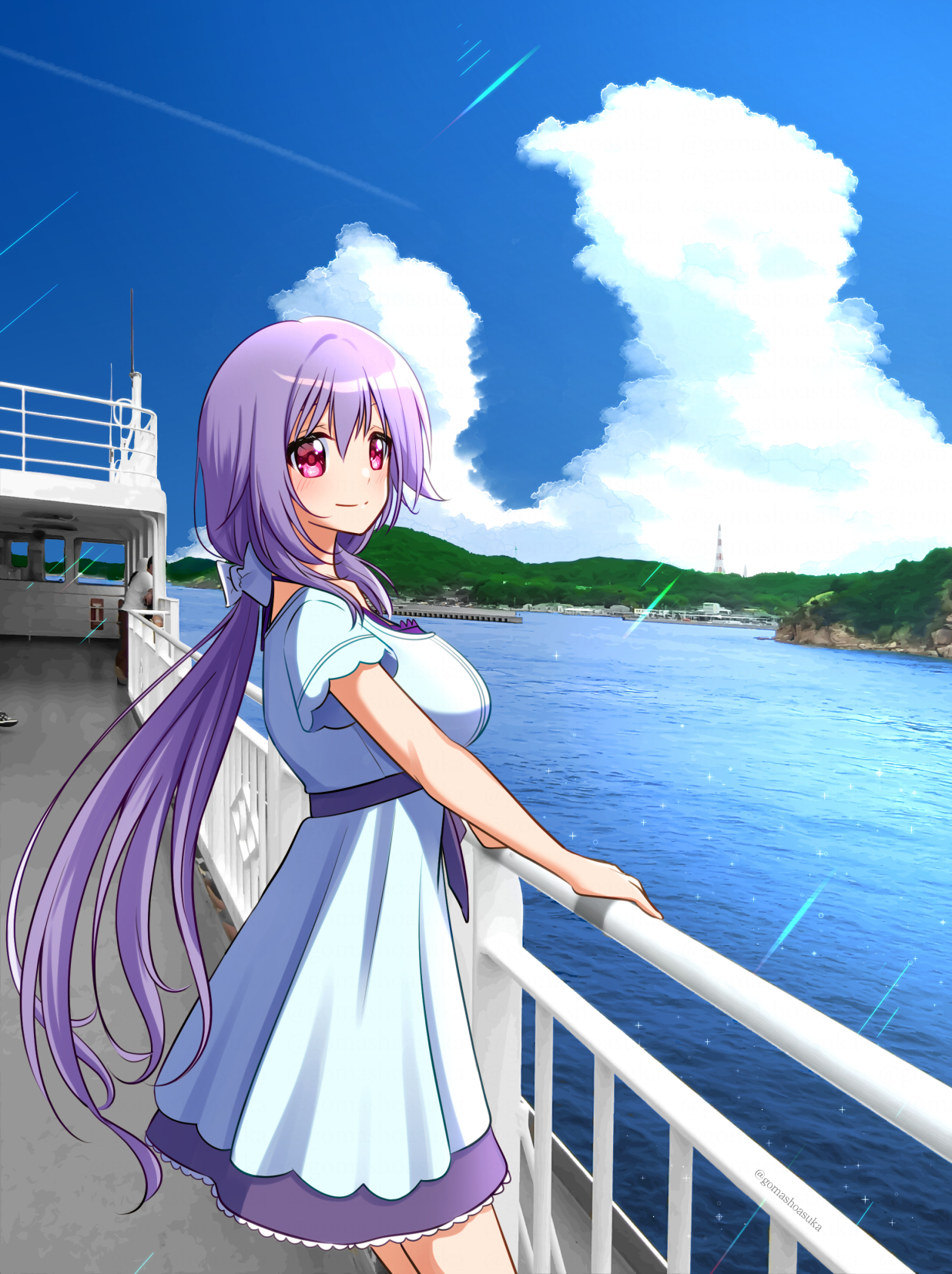 gomasho asuka, mizuori shizuku, summer pockets, commentary request, highres, 1girl, blue dress, blue sky, blush, boat, bow, breasts, closed mouth, cloud, contrail, cowboy shot, cumulonimbus cloud, day, dress, frilled dress, frills, from side, hair between eyes, hair bow, island, large breasts, long hair, looking at viewer, ocean, on boat, outdoors, photo background, pink eyes, pink pupils, purple hair, railing, short sleeves, sky, smile, solo, split mouth, straight hair, sunlight, very long hair, watercraft, white bow