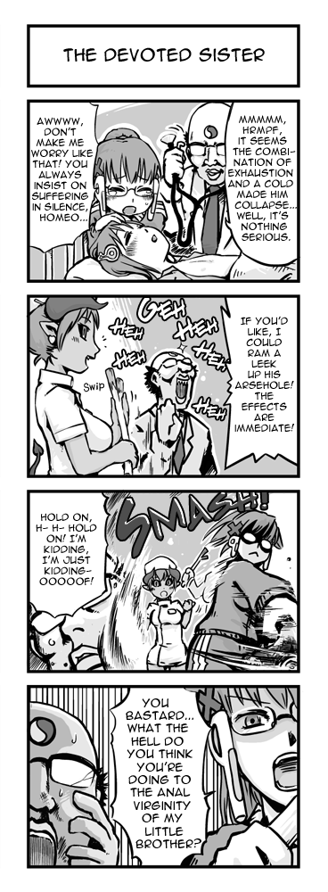 imuhata shimuro, simuro, astaroth (shinrabanshou), dr norton, homeko, homeo, norton, xp home-tan, xphome, futaba channel, os-tan, shinrabanshou, hard-translated, long image, tall image, third-party edit, translated, 2boys, 2girls, bald, black sclera, broken eyewear, brother and sister, colored sclera, comic, demon girl, demon tail, english text, glasses, greyscale, horns, monochrome, multiple boys, multiple girls, nurse, old, old man, opaque glasses, pointy ears, siblings, spring onion, stethoscope, tail, track suit