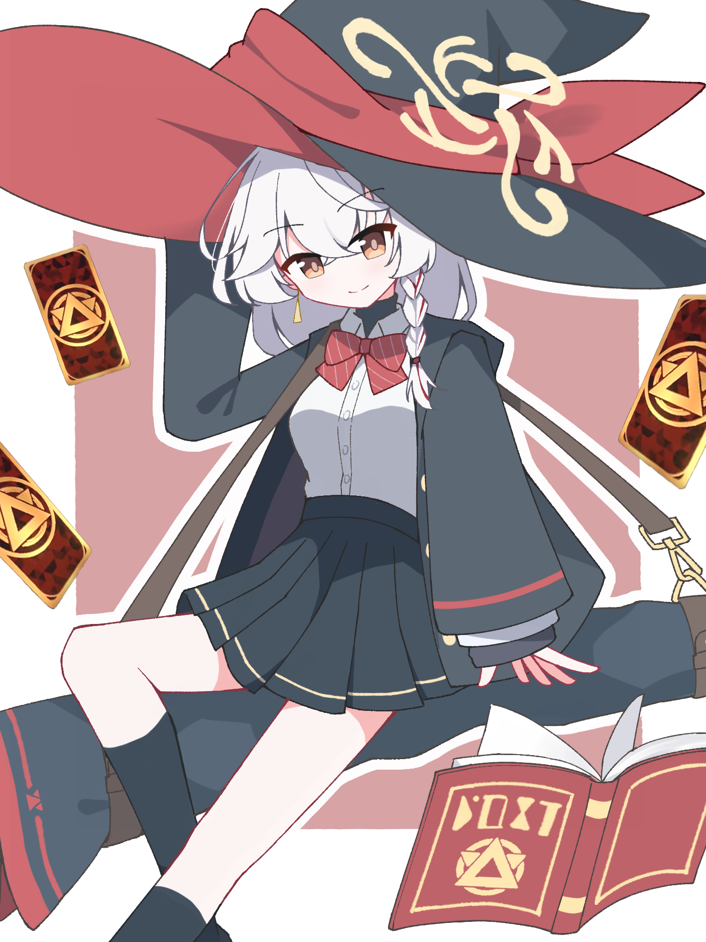 apricotlemontea, eri (blue archive), blue archive, commentary, highres, 1girl, arm up, black jacket, black skirt, black socks, book, border, bow, bowtie, braid, breasts, brown eyes, brown halo, buttons, card, closed mouth, collared shirt, crossed bangs, diagonal-striped bow, diagonal-striped bowtie, diagonal-striped clothes, earrings, feet out of frame, hair between eyes, halo, hand on own hat, hat, hat bow, high-waist skirt, jacket, jewelry, long hair, long sleeves, looking at viewer, medium breasts, miniskirt, multicolored hair, open book, open clothes, open hand, open jacket, outside border, pink background, pleated skirt, red bow, red bowtie, red hair, red streaks, shirt, shirt tucked in, side braid, side halo, simple background, single braid, skirt, sleeves past wrists, socks, solo, split mouth, striped bow, striped bowtie, striped clothes, tilted halo, triangle, triangle earrings, two-sided fabric, two-sided headwear, two-tone hair, white border, white hair, wing collar, witch hat, yellow halo