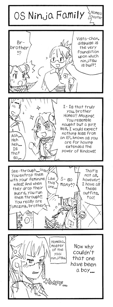homeo, visbou, vista-tan, xp home-tan, xphome, xpmc, os-tan, hard-translated, long image, tall image, third-party edit, translated, 1boy, 2girls, comic, greyscale, monochrome, multiple girls