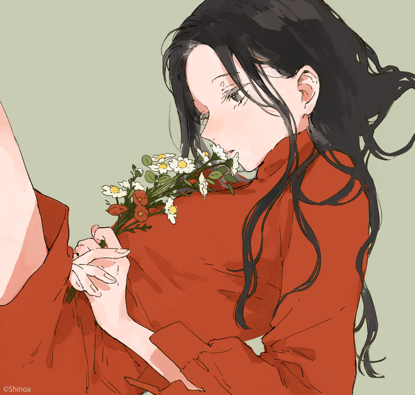 kakmxxxny06, kono koi wo hoshi ni wa negawanai, highres, 1girl, artist name, black hair, flower, green background, holding, holding flower, kousaka fuyuki, long hair, lying, parted lips, solo