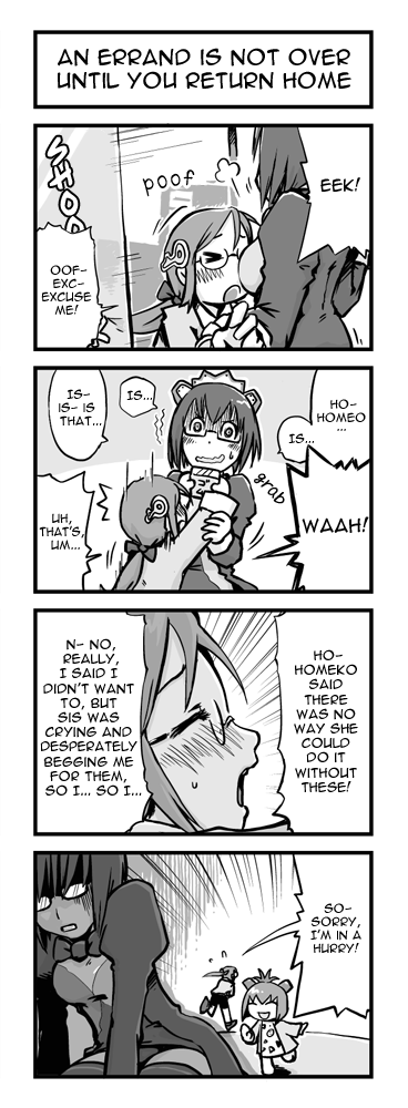 imuhata shimuro, simuro, 2k-tan, homeo, pizza-tan, xp home-tan, xphome, os-tan, hard-translated, long image, tall image, third-party edit, translated, 1boy, 2girls, 4koma, comic, condom, english text, glasses, greyscale, monochrome, multiple girls