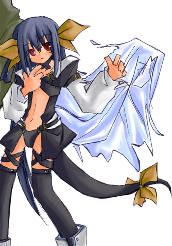 dizzy (guilty gear), undine (guilty gear), arc system works, guilty gear, lowres, 2girls, asymmetrical wings, blue hair, choker, multiple girls, red eyes, ribbon, tail, tail ornament, tail ribbon, thighhighs, wings