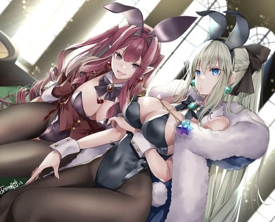 akatsuki hijiri, baobhan sith (fate), morgan le fay (fate), fate/grand order, fate (series), bad id, bad twitter id, 2girls, alternate costume, animal ears, black leotard, black pantyhose, braid, breasts, cleavage, covered navel, curly hair, fake animal ears, fake tail, indoors, large breasts, leotard, long hair, looking at viewer, multiple girls, open mouth, pantyhose, parted lips, playboy bunny, pointy ears, ponytail, rabbit ears, rabbit tail, red hair, red leotard, sitting, smile, tail, very long hair, white wrist cuffs, wrist cuffs