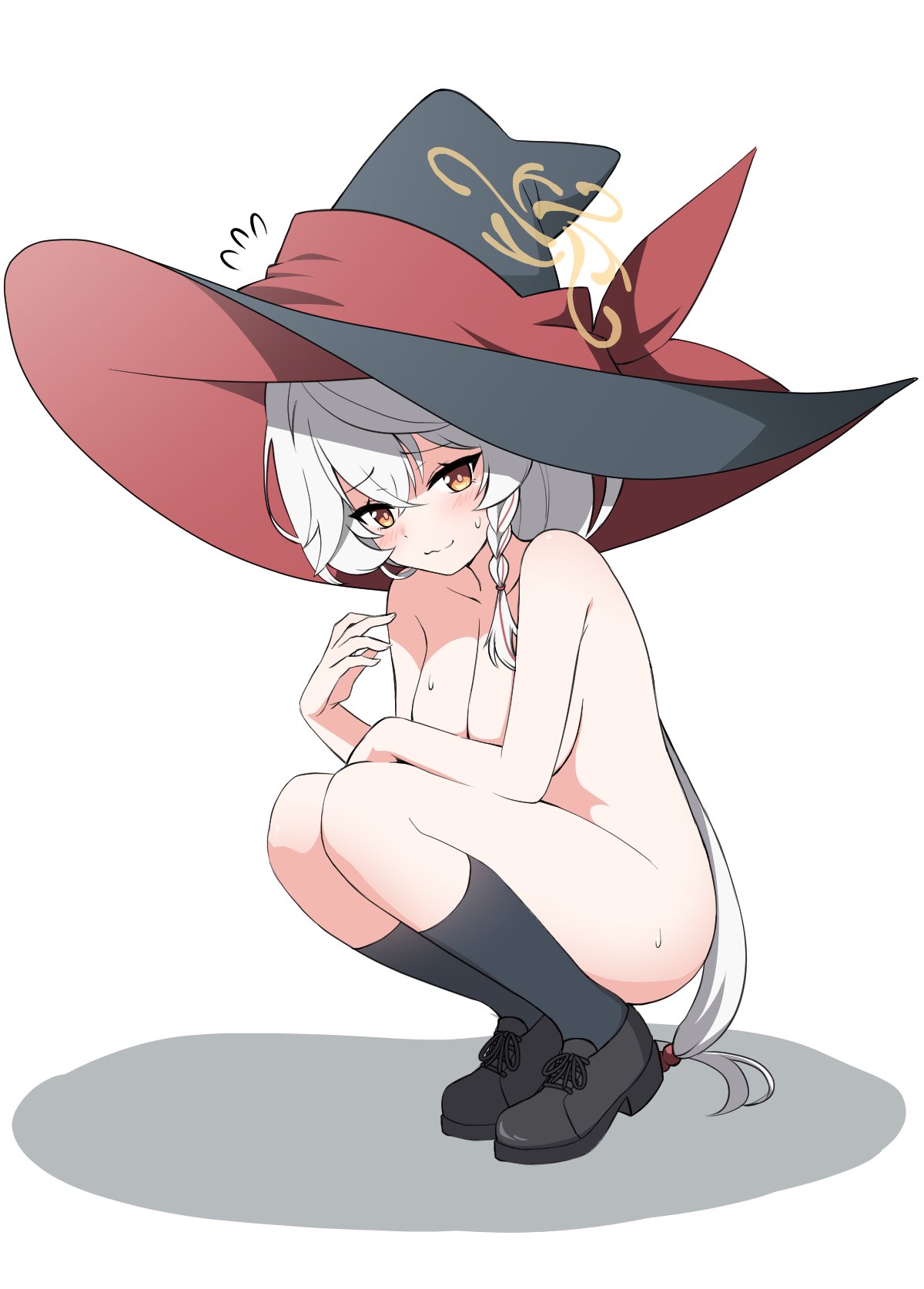 nanju bami, eri (blue archive), blue archive, highres, 1girl, bare arms, bare shoulders, black shoes, black socks, breasts, halo, hat, large breasts, looking at viewer, nude, shoes, simple background, socks, solo, thighs, white background, white hair, witch hat, yellow eyes, yellow halo