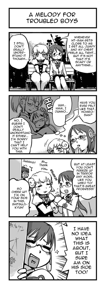 imuhata shimuro, simuro, homeko, homeo, longhorn, shitsuji, xp home-tan, xphome, xpmc, os-tan, hard-translated, long image, tall image, third-party edit, translated, 1girl, 2boys, comic, english text, greyscale, monochrome, multiple boys, multiple girls