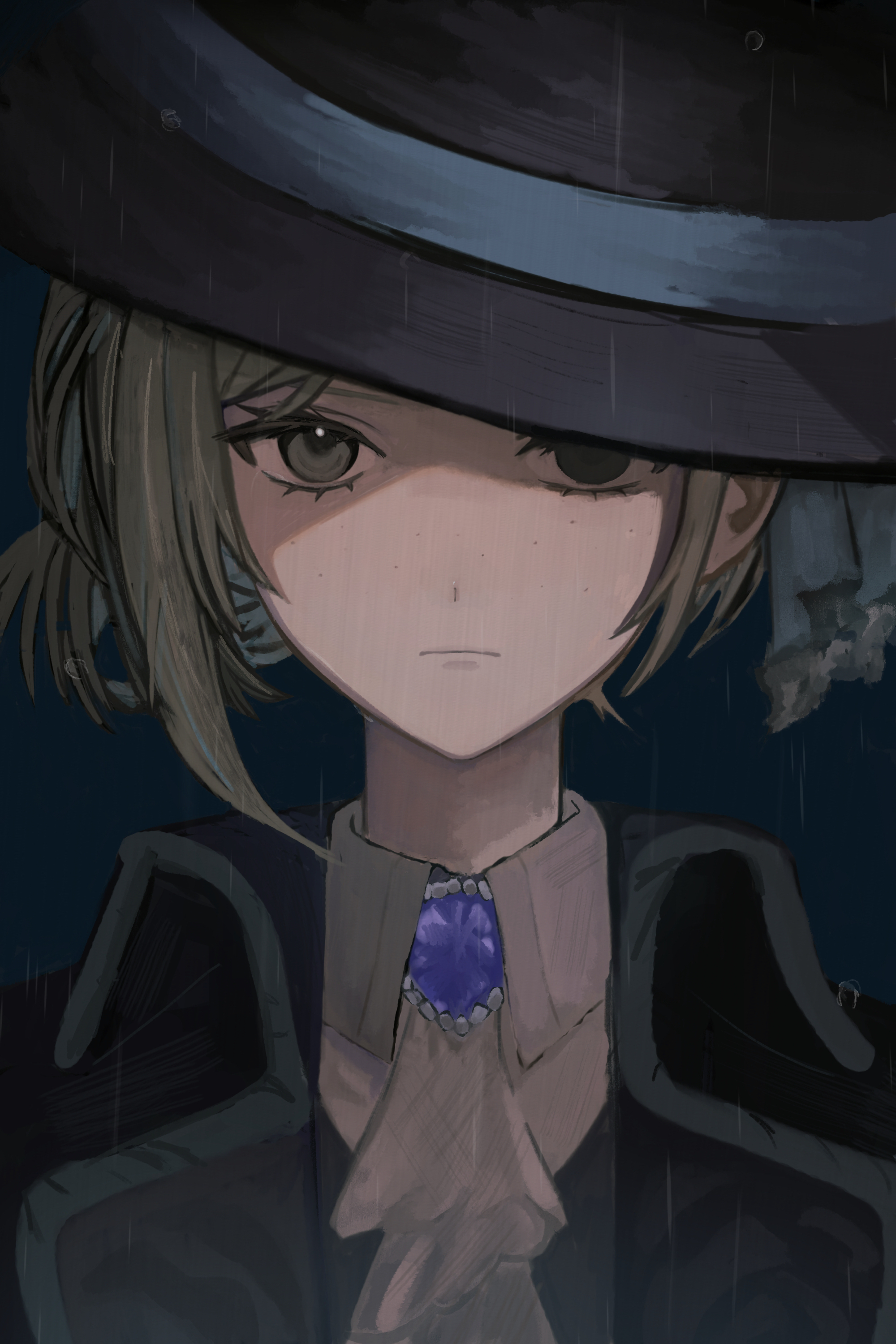 vertin (reverse:1999), reverse:1999, absurdres, highres, 1girl, ascot, black coat, black hat, boater hat, closed mouth, coat, collared shirt, dark background, grey eyes, grey hair, hair bun, hat, looking at viewer, portrait, purple brooch, shirt, short hair, single side bun, solo, susugi (susug1 1), white ascot, white shirt