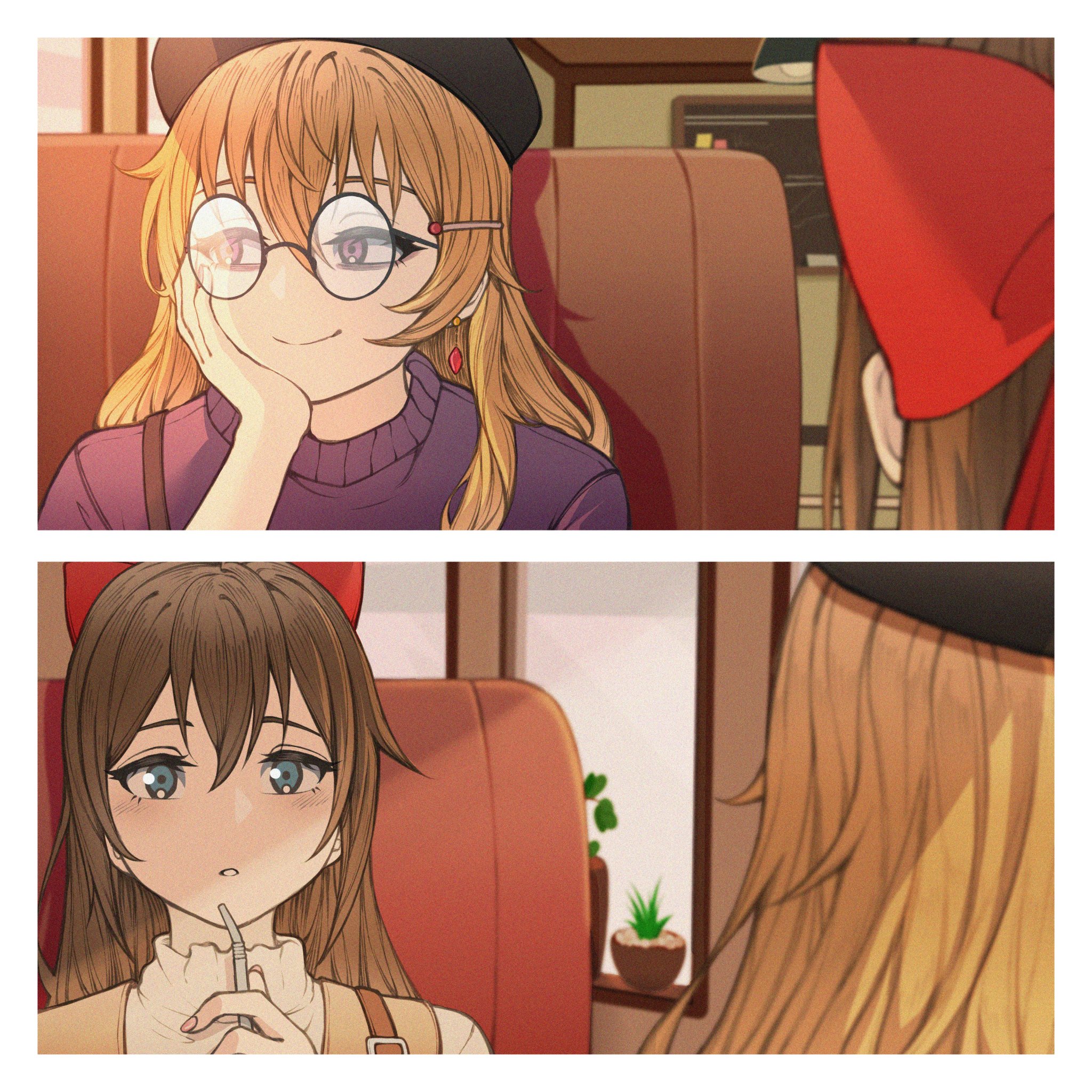 mayo e, konoe kanata, osaka shizuku, love live!, love live! nijigasaki high school idol club, commentary, hashtag-only commentary, highres, symbol-only commentary, 2girls, bags under eyes, beret, bespectacled, black hat, blue eyes, bow, brown hair, closed mouth, couch, drinking straw, earrings, glasses, hair between eyes, hair bow, hair ornament, hairclip, hat, head rest, holding, holding drinking straw, indoors, jewelry, long hair, looking at another, looking to the side, multiple girls, orange hair, purple eyes, red bow, sidelocks, smile