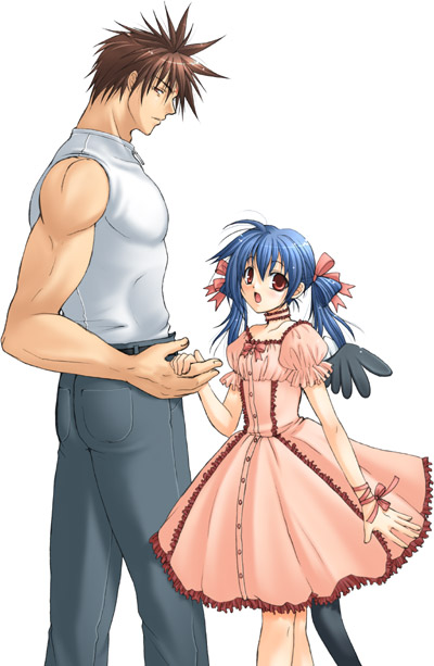dizzy (guilty gear), sol badguy, arc system works, guilty gear, 1boy, 1girl, belt, blue hair, brown hair, choker, dress, father and daughter, hair ribbon, height difference, hetero, holding hands, muscular, red eyes, ribbon, shirt, sleeveless, sleeveless shirt, tail, wings, wrist ribbon