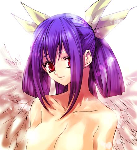 dizzy (guilty gear), arc system works, guilty gear, lowres, 1girl, asymmetrical wings, blue hair, breasts, female focus, gradient hair, multicolored hair, purple hair, red eyes, solo, topless female, topless frame, upper body, wings