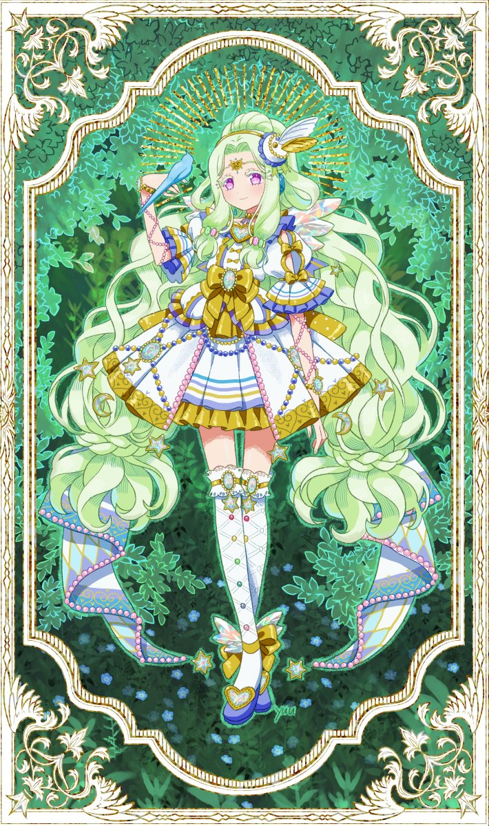 yu (prpyuu), jewlie (pripara), pretty series, pripara, commentary request, highres, 1girl, bird, bird on hand, blue shoes, border, bow, closed mouth, clothing cutout, dress, forehead jewel, full body, green background, green hair, hair bow, hand up, headphones, long hair, looking at viewer, puffy sleeves, purple eyes, shoes, smile, solo, standing, thighhighs, very long hair, wavy hair, white dress, white thighhighs