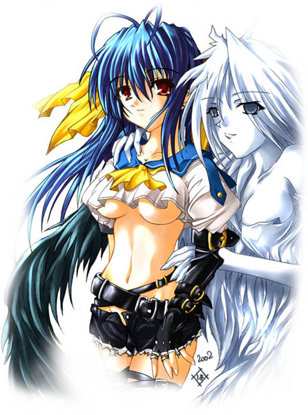 hamu (moeyobaka), dizzy (guilty gear), arc system works, guilty gear, guilty gear xx, 2girls, asymmetrical wings, blue hair, breasts, large breasts, multiple girls, pirate, red eyes, underboob, wings