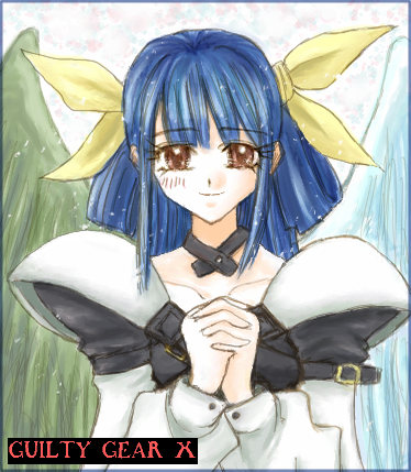 dizzy (guilty gear), arc system works, guilty gear, lowres, 1girl, asymmetrical wings, blue hair, female focus, red eyes, solo, wings