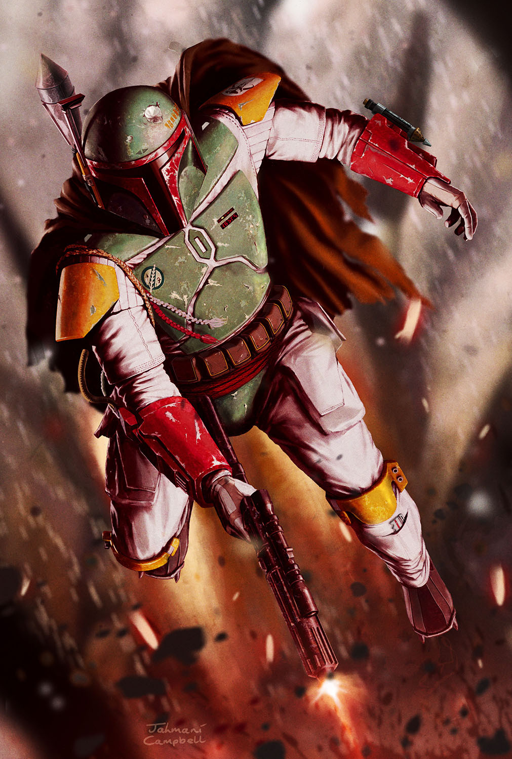 boba fett, star wars, highres, 1boy, armor, brown cape, cape, firing, gun, handgun, helmet, holding, holding gun, holding weapon, jahmani campbell, mandalorian, mandalorian armor, mandalorian helmet, muzzle flash, signature, solo, weapon
