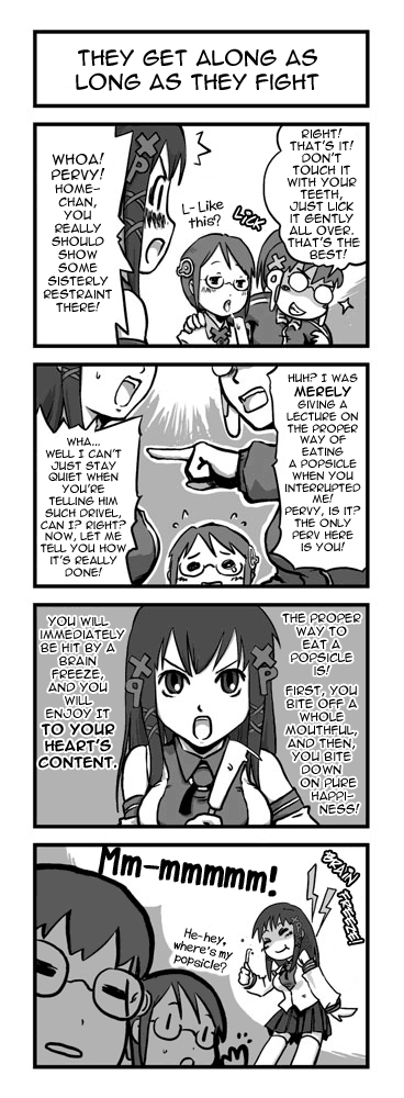 imuhata shimuro, simuro, homeko, homeo, xp-tan, xp home-tan, xphome, os-tan, hard-translated, long image, tall image, third-party edit, translated, 1boy, 2girls, comic, english text, food, greyscale, monochrome, multiple girls, popsicle, sexually suggestive