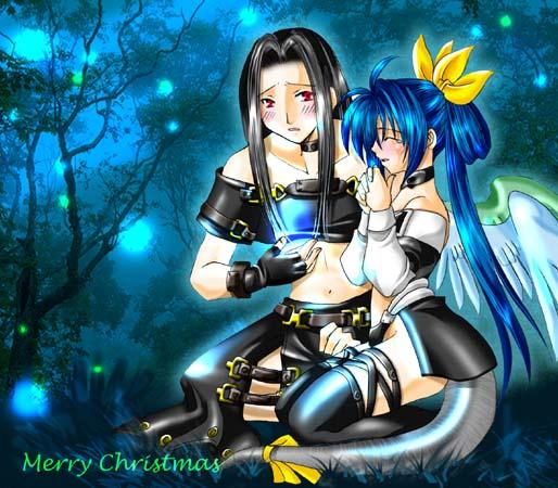dizzy (guilty gear), testament (guilty gear), arc system works, guilty gear, 1boy, 1girl, ^ ^, asymmetrical wings, black hair, blue hair, christmas, closed eyes, red eyes, ribbon, tail, tail ornament, tail ribbon, thighhighs, wings
