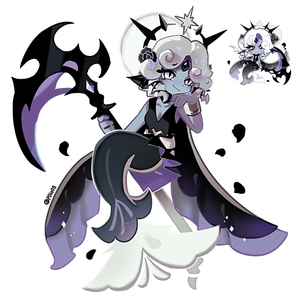 michelin (p0lo09), black pearl cookie, cookie run, cookie run: kingdom, commentary, derivative work, symbol-only commentary, 1girl, bare arms, bare shoulders, black dress, black flower, black pearl cookie (sovereign of the abyss), black petals, black rose, bracer, breasts, breasts apart, closed mouth, colored skin, curly hair, dress, fins, fish skeleton, flower, forehead jewel, frilled dress, frills, full body, full moon, grey skin, hair flower, hair ornament, hand on own cheek, hand on own face, hand up, head fins, holding, holding scythe, humanization, looking ahead, medium hair, mermaid, monster girl, moon, official alternate costume, official alternate hair length, official alternate hairstyle, official art inset, petals, purple dress, raised inner eyebrows, reference inset, rose, scythe, short dress, simple background, sleeveless, sleeveless dress, slit pupils, small breasts, smile, solo, twitter username, two-sided dress, two-sided fabric, white background, white hair