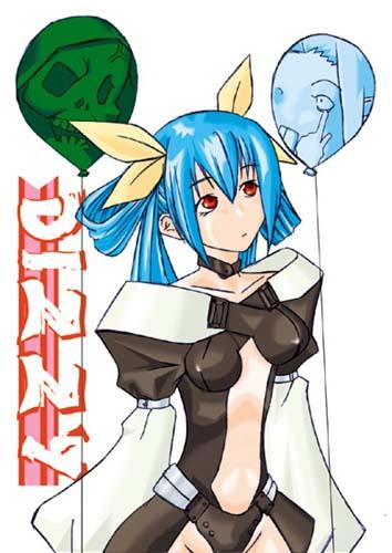 dizzy (guilty gear), necro (guilty gear), undine (guilty gear), arc system works, guilty gear, lowres, 1girl, bad anatomy, balloon, blue hair, choker, hair ribbon, long hair, poorly drawn, red eyes, ribbon, skull, twintails