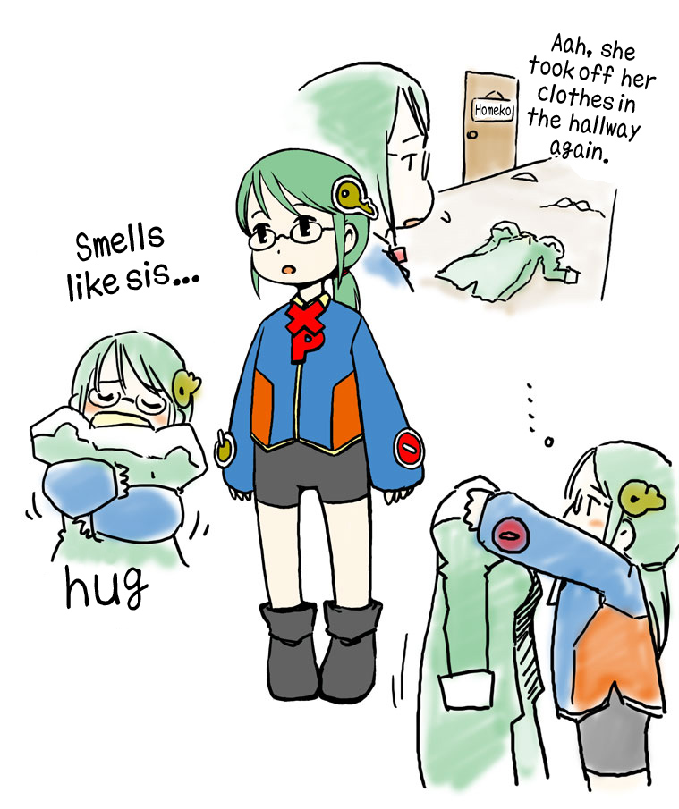 imuhata shimuro, simuro, homeko, homeo, xp home-tan, xphome, xpmc, os-tan, hard-translated, third-party edit, translated, 1boy, :o, ankle boots, boots, coat, comic, door, english text, glasses, hugging object, jacket, long sleeves, low ponytail, name tag, ponytail, short hair, shorts, simple background, standing, white background