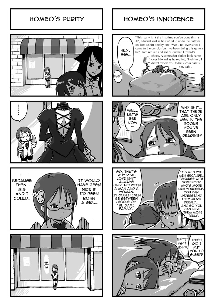 imuhata shimuro, simuro, homeko, homeo, kurame, saya (saya no uta), suigintou, xp home-tan, xphome, xpmc, kusari hime: euthanasia, os-tan, rozen maiden, saya no uta, hard-translated, third-party edit, translated, 00s, 1boy, 3girls, comic, greyscale, monochrome, multiple girls