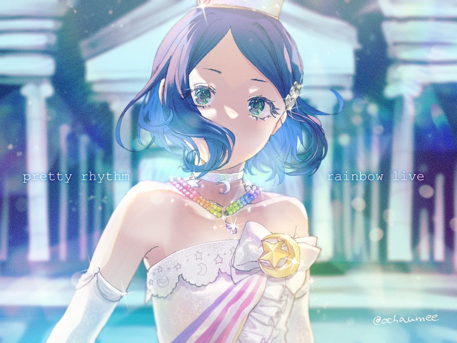 amattle, rinne (pretty rhythm), pretty rhythm, pretty rhythm rainbow live, pretty series, commentary request, highres, 1girl, bare shoulders, blue eyes, blue hair, blurry, blurry background, copyright name, crescent, crescent choker, dress, elbow gloves, gloves, hair ornament, heart, heart hair ornament, jewelry, looking at viewer, necklace, short hair, solo, sparkle, star (symbol), twitter username, upper body, white dress, white gloves