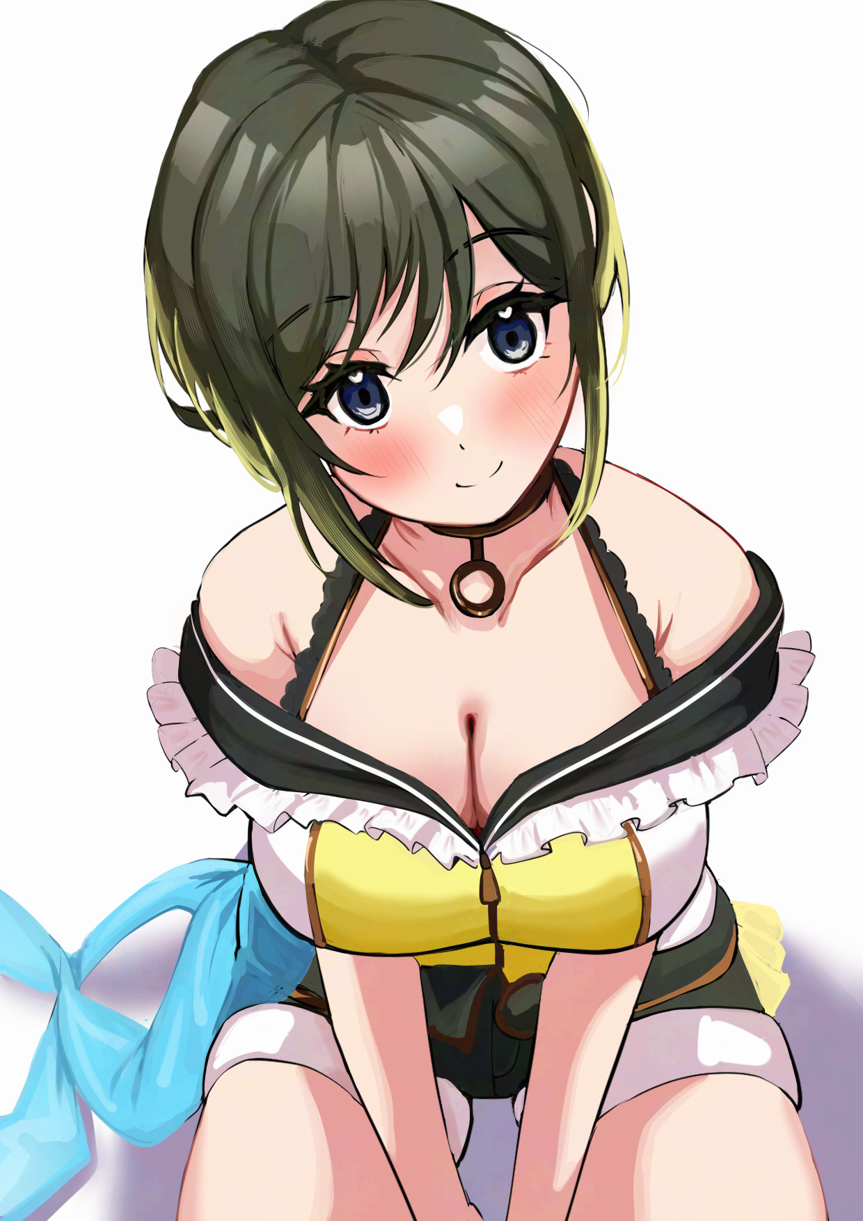 pisagi, akashi maho, d4dj, highres, 1girl, between legs, black hair, black shorts, blonde hair, blush, breasts, cleavage, closed mouth, collarbone, grey eyes, hair between eyes, hand between legs, heart, heart-shaped pupils, large breasts, looking at viewer, multicolored hair, shirt, short hair, shorts, sidelocks, simple background, sitting, smile, solo, symbol-shaped pupils, two-tone hair, white background, yellow shirt
