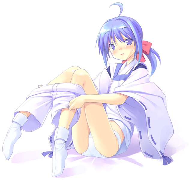 poco (asahi age), ichijou akari, bakumatsu rouman, snk, 1girl, ahoge, blue eyes, blue hair, blush, bow, clothes pull, female focus, hair bow, japanese clothes, legs up, matching hair/eyes, panties, ponytail, pulling own clothes, short hair, shorts, shorts pull, sitting, solo, tabi, underwear, undressing, white panties
