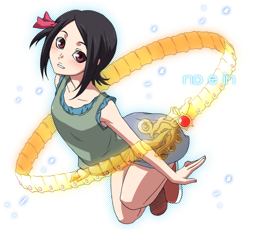 kuroo (project apricot), kaminogi haruka, noein, satelight, 00s, 1girl, arched back, black hair, blush, female focus, flat chest, glowing, hair ribbon, jumping, midriff, miniskirt, ouroboros, parted bangs, purple eyes, ribbon, see-through clothes, shoes, short hair, skirt, smile, solo, tank top