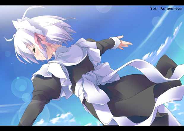 kantoku, kotonomiya yuki, suigetsu, 1girl, albino, character name, day, female focus, letterboxed, long sleeves, maid, outdoors, ribbon, sky, solo