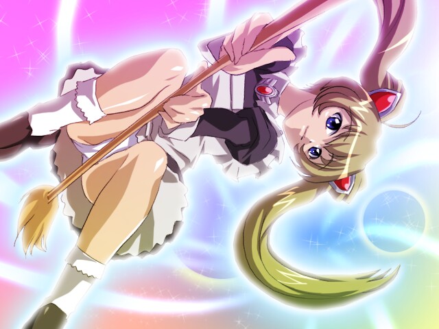 sanshita, mamiya ayumi, magikano, 00s, 1girl, apron, black dress, blonde hair, blue eyes, brooch, broom, broom riding, dress, female focus, from below, hair ornament, jewelry, lingerie, maid, maid apron, panties, pantyshot, petticoat, shoes, socks, solo, twintails, underwear, upskirt, white panties