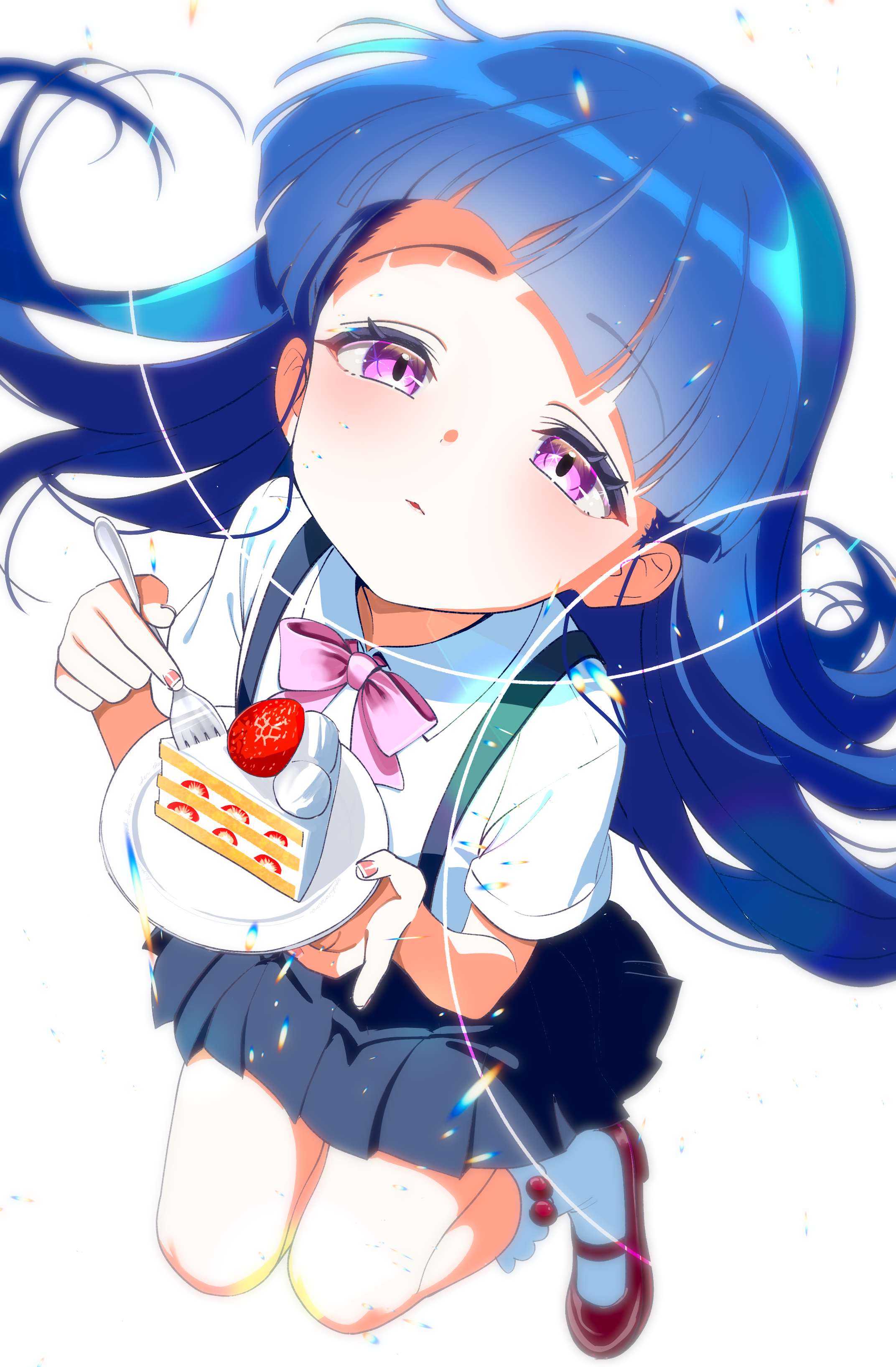 umeyanenne, furude rika, higurashi no naku koro ni, absurdres, highres, 1girl, black skirt, blue hair, bow, bowtie, cake, cake slice, collared shirt, fingernails, floating hair, food, fork, from above, fruit, full body, holding, holding fork, holding plate, long hair, looking at viewer, mary janes, parted lips, pink bow, pink bowtie, plate, pleated skirt, purple eyes, red shoes, school uniform, shirt, shoes, short sleeves, simple background, skirt, socks, solo, strawberry, strawberry shortcake, suspender skirt, suspenders, white background, white shirt, white socks