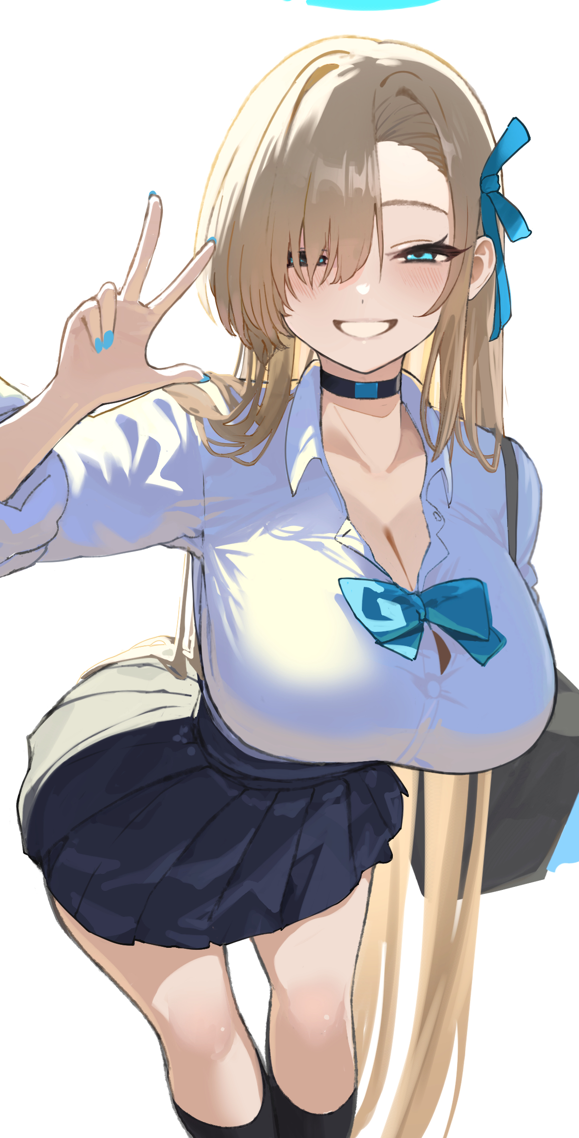 el tenshi, asuna (blue archive), asuna (school uniform) (blue archive), blue archive, highres, 1girl, bag, black skirt, blonde hair, blue bow, blue bowtie, blue eyes, blue halo, blue ribbon, blush, bow, bowtie, breasts, choker, cleavage, collarbone, grin, hair over one eye, hair ribbon, halo, large breasts, long hair, looking at viewer, pleated skirt, ribbon, school bag, shirt, skirt, sleeves rolled up, smile, solo, squinting, v, very long hair, white shirt