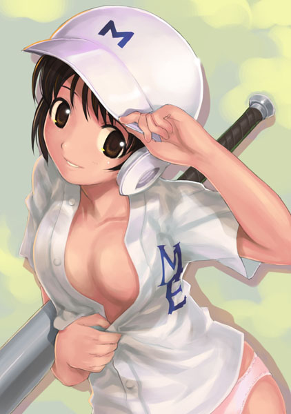 mikazuki akira!, shimizu kaoru, major, 00s, 1girl, baseball, baseball bat, baseball helmet, blouse, bottomless, breasts, brown eyes, brown hair, cleavage, female focus, flat chest, helmet, no bra, no pants, open clothes, open shirt, panties, pink panties, shirt, short hair, sketch, smile, solo, standing, tomboy, unbuttoned, underwear, undressing, white panties