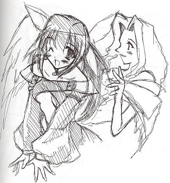 ibuki pon, dizzy (guilty gear), undine (guilty gear), arc system works, guilty gear, 2girls, :d, asymmetrical wings, blush, greyscale, long hair, long sleeves, monochrome, multiple girls, one eye closed, open mouth, sketch, smile, twintails, v, wings, wink